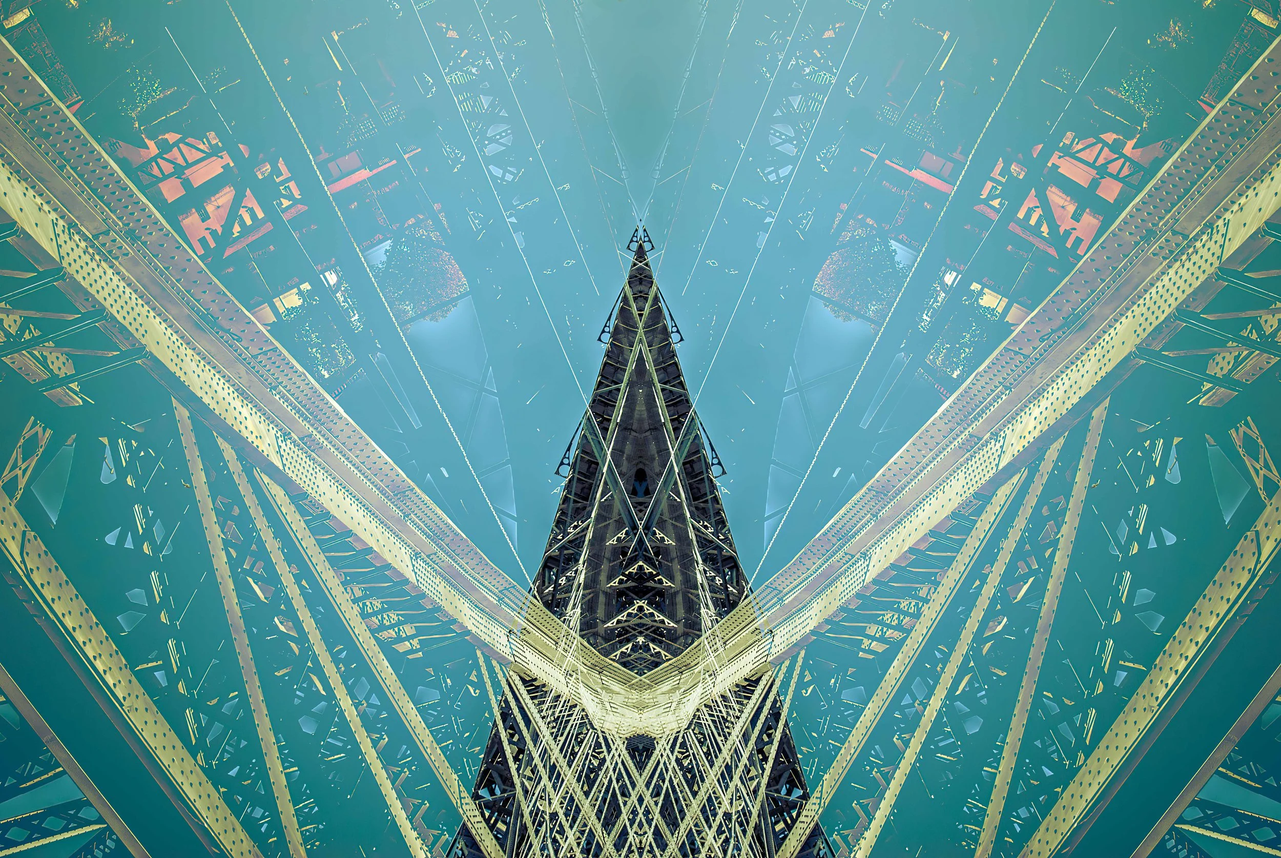 Symmetrical view of the Eiffel Tower at night, highlighting its intricate metal lattice structure.