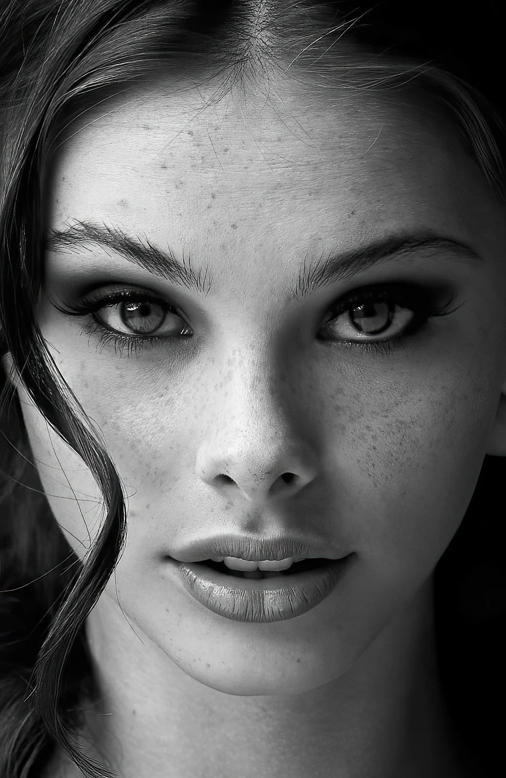 Close-up black and white portrait of a young woman with light eye makeup, slightly parted lips, and loose wavy hair.