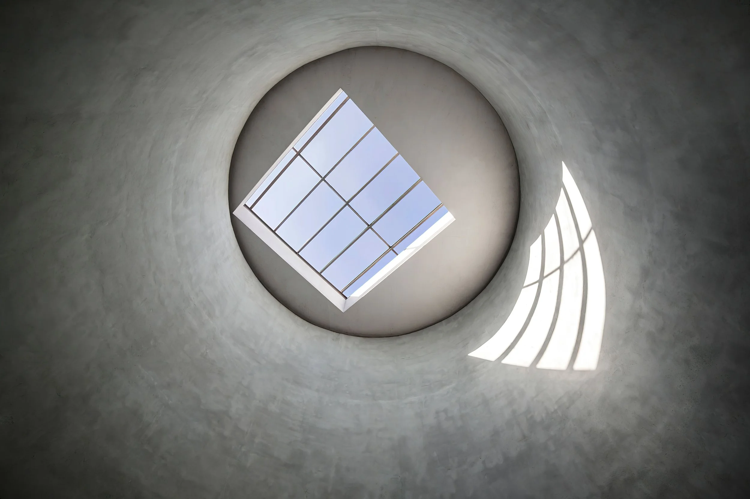 Looking up through a skylight in a concrete ceiling, with shadows cast on the interior wall.