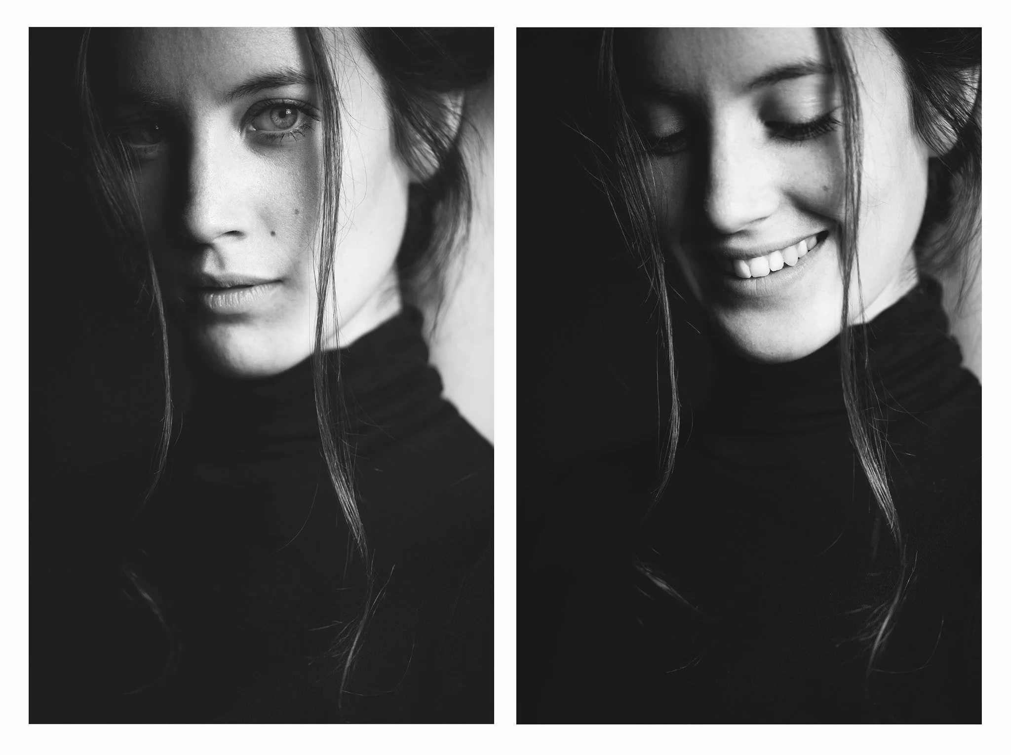 Side-by-side black and white portraits of a woman, one with a serious expression and the other smiling, both wearing a turtleneck.
