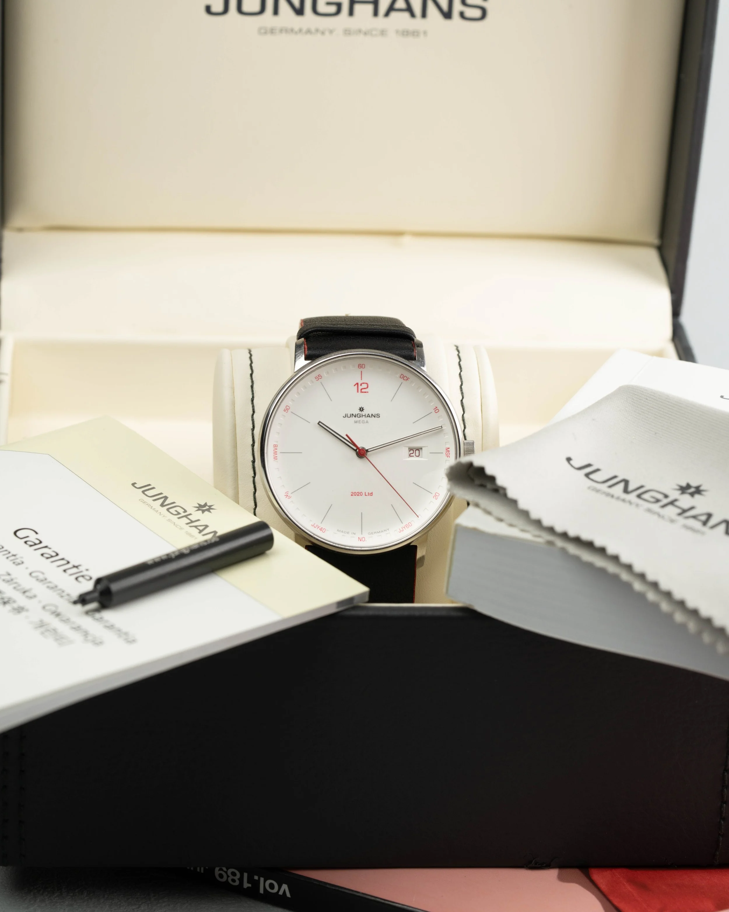 Junghans Form Mega Japan Limited 2020. Rare 39.3mm watch with white "Rising Sun" dial, red accents, and sapphire crystal box and papers