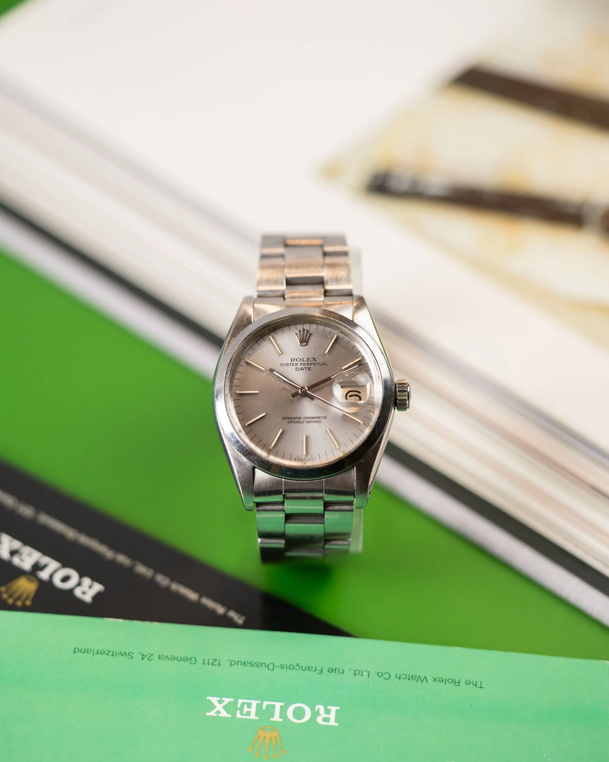 Well-preserved 1979 Rolex Date 1500. Authentic vintage timepiece with near-perfect silver dial and original steel oyster case