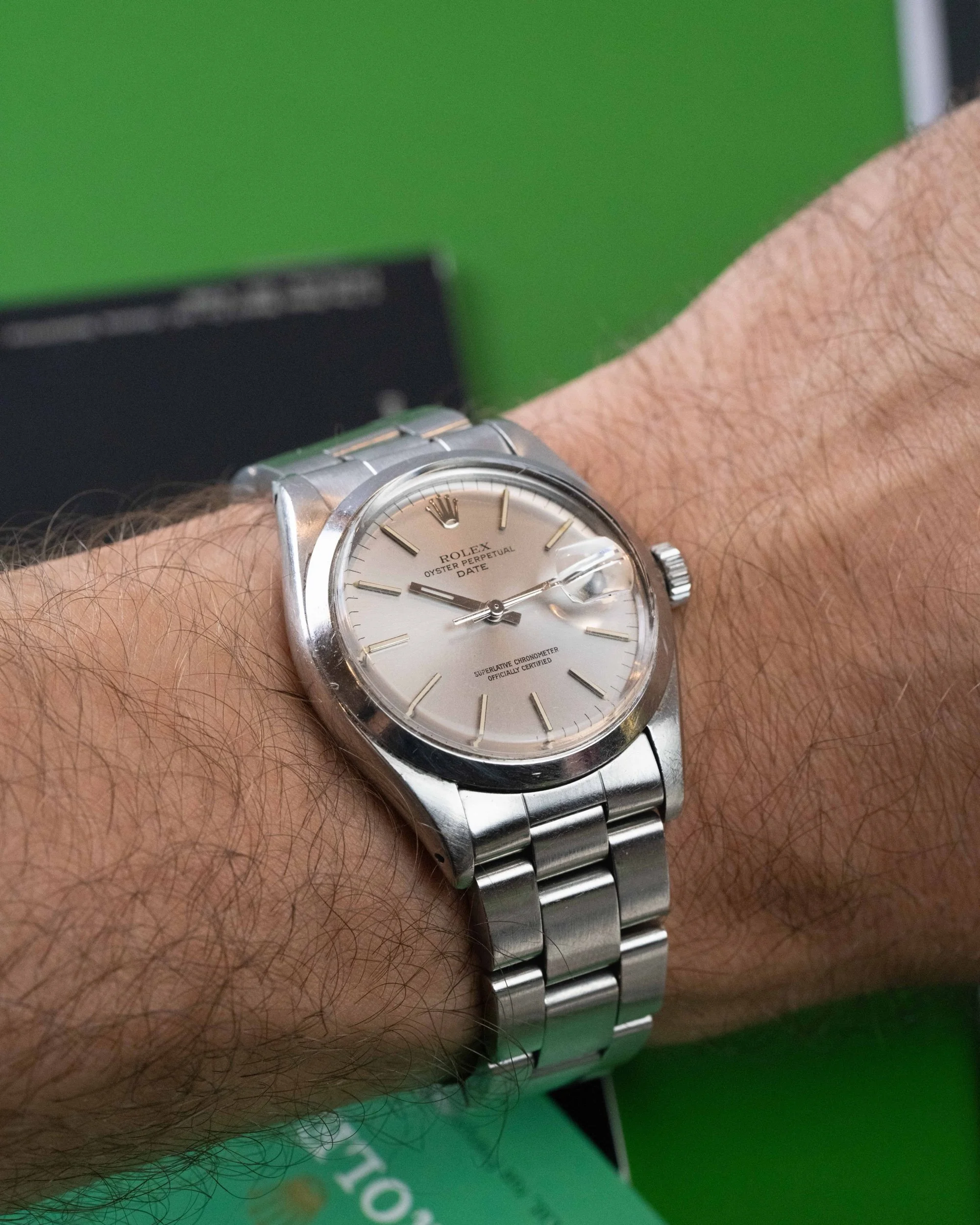 Vintage Rolex Ref 1500 automatic watch. 1979 model with chronometer-rated movement, acrylic cyclops crystal, and baton markers.