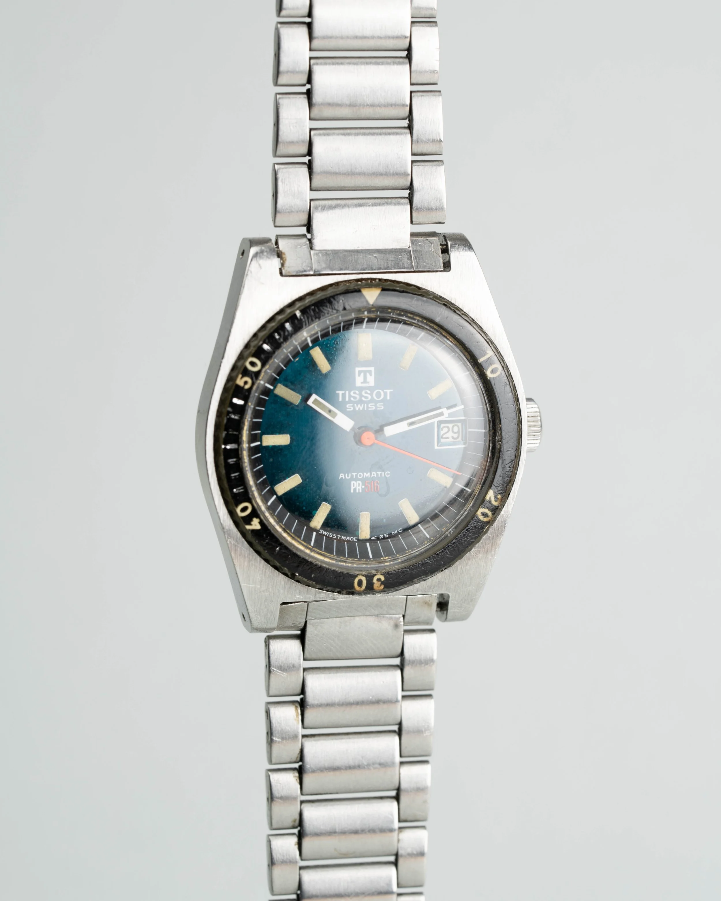 Tissot PR-516 mechanical diver watch. 36mm cushion case with Bakelite bezel and rare original Tissot Gay Frères steel bracelet.