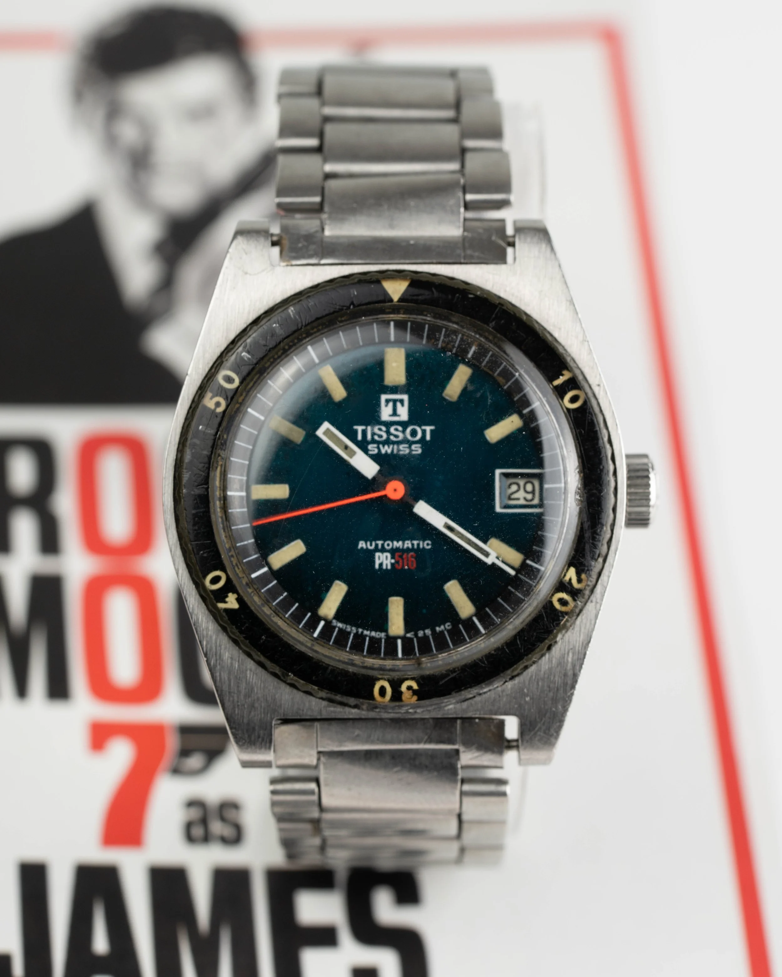 Rare vintage James Bond diver watch. 1973 Tissot PR-516 Automatic on sought-after Gay Frères bracelet as worn by 007