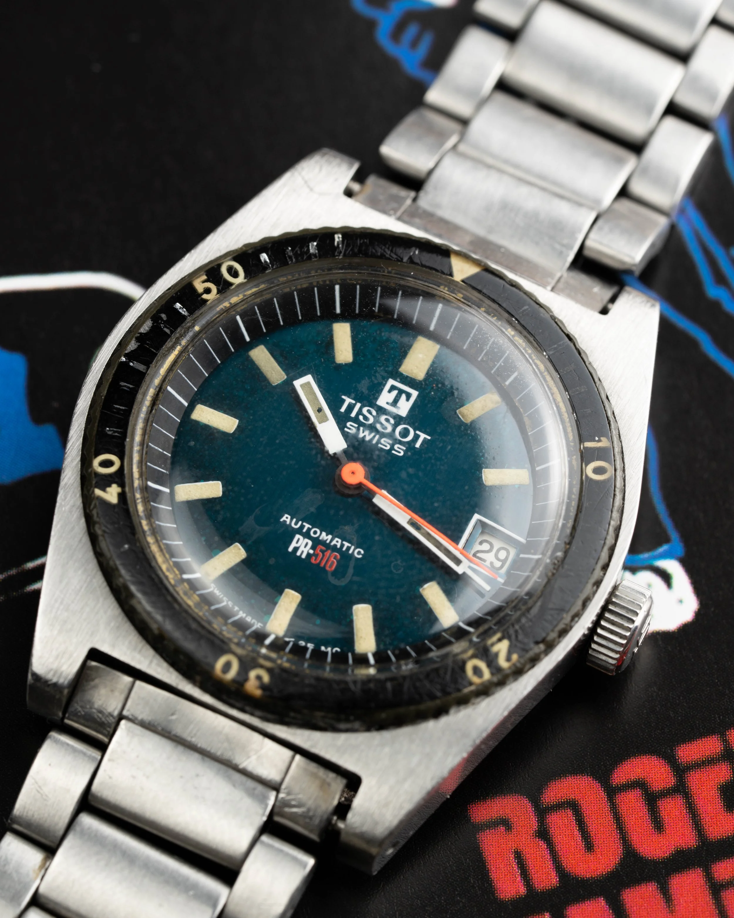Rare vintage James Bond diver watch. 1973 Tissot PR-516 Automatic on sought-after Gay Frères bracelet as worn by 007