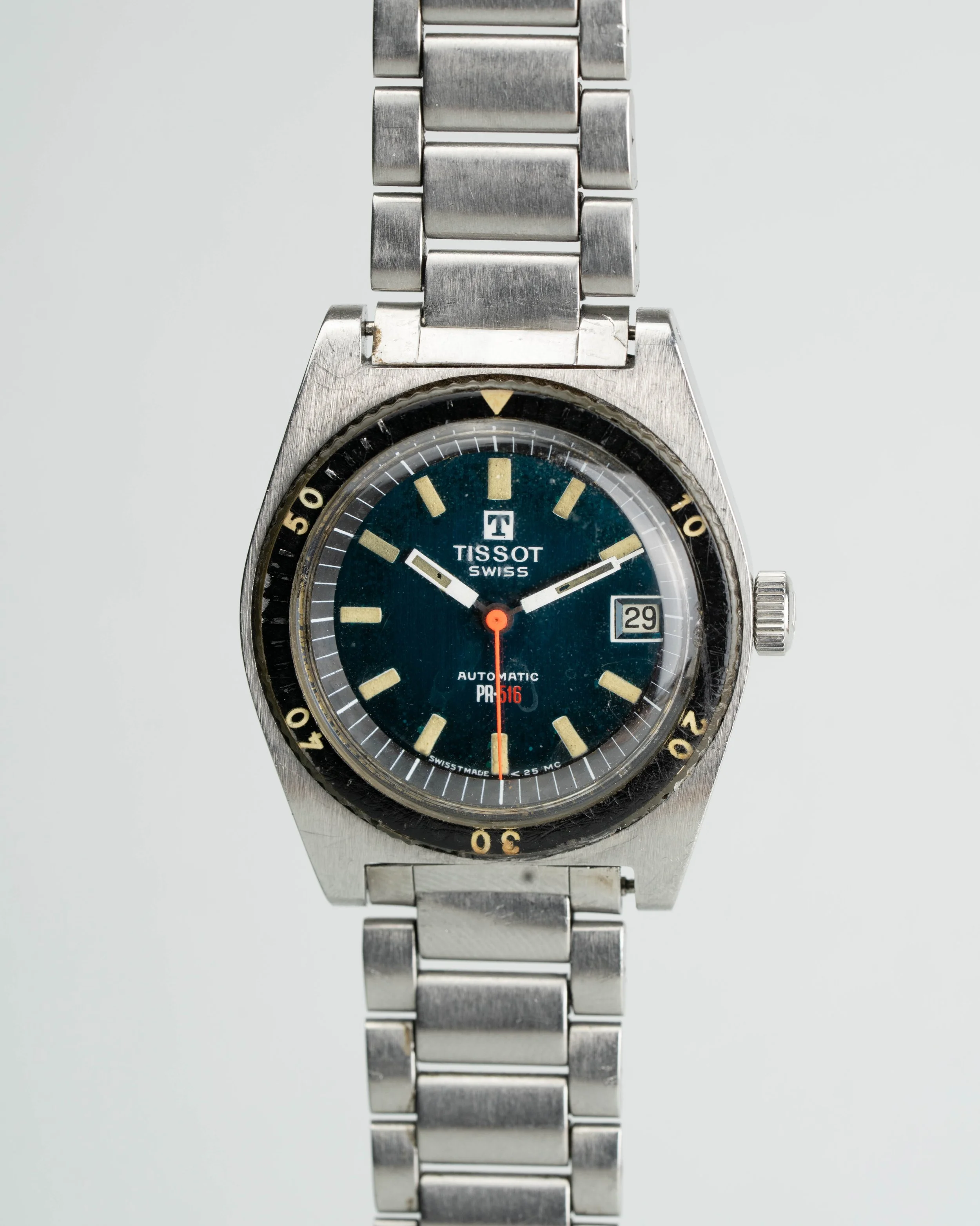 Tissot PR-516 mechanical diver watch. 36mm cushion case with Bakelite bezel and rare original Tissot Gay Frères steel bracelet.