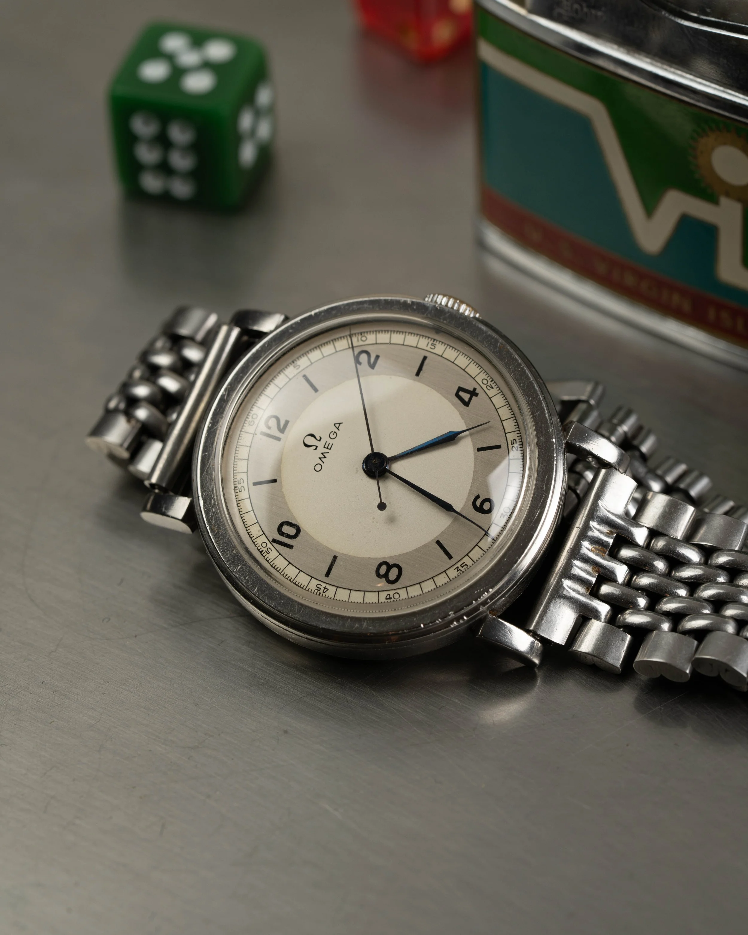 Rare Omega Fagiolino CK2015. 1930s manual wind doctor's watch featuring a distinct sector dial and blued steel hands