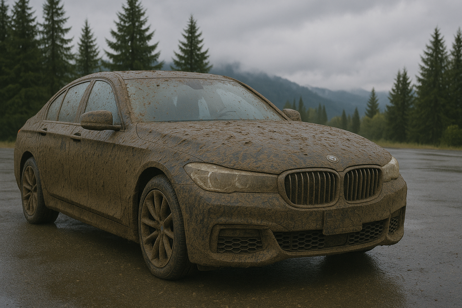 A muddy BMW sedan parked on a wet road against a backdrop of pine trees and mountains under a cloudy sky.