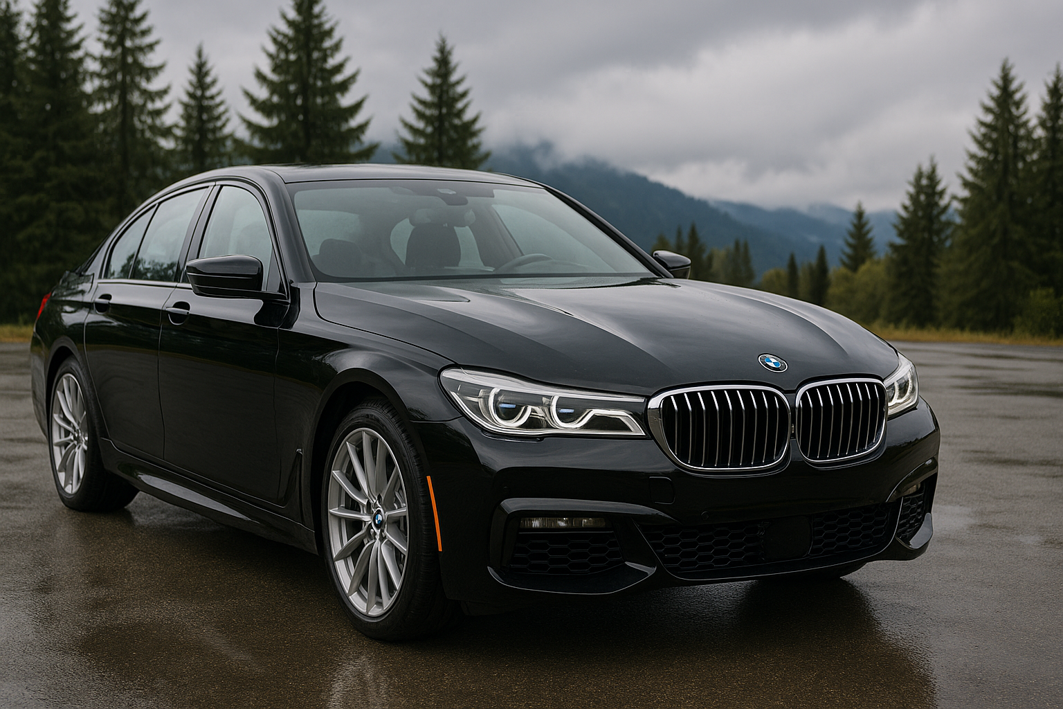 Black BMW sedan parked on wet pavement with a background of evergreen trees and mountains under an overcast sky.