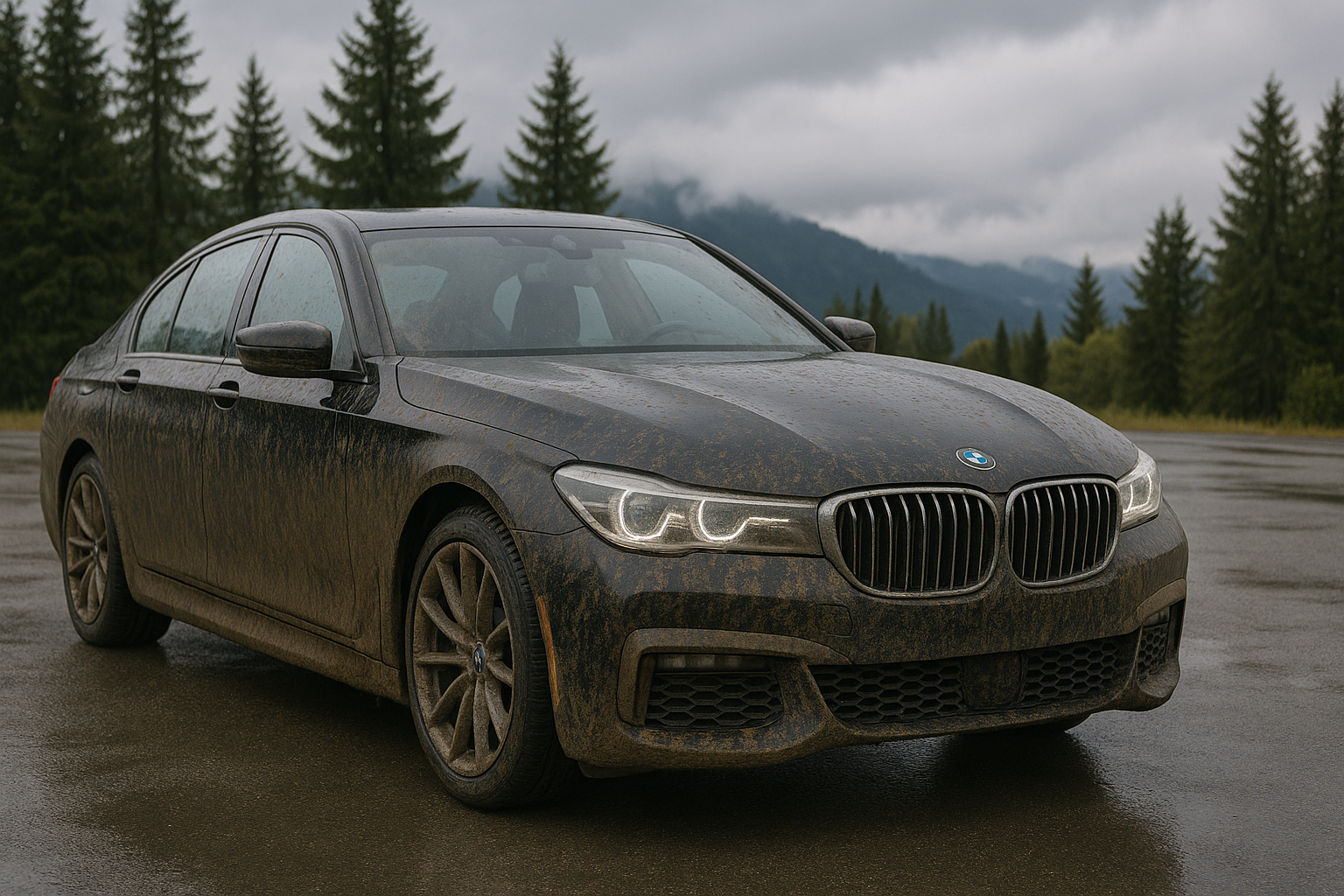 A black BMW sedan covered in mud parked on a wet road with trees and mountains in the background under cloudy skies.