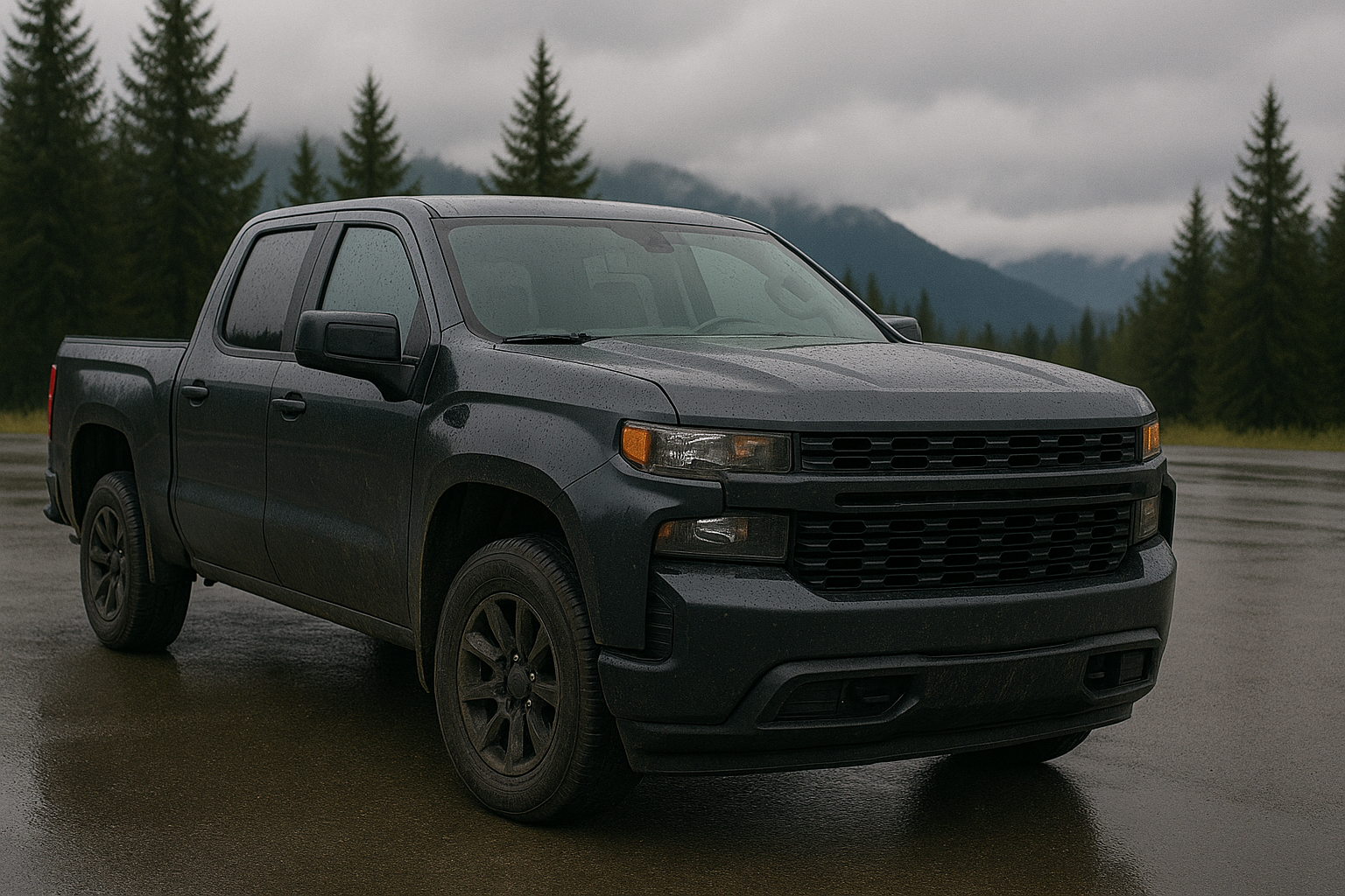 A black pickup truck parked on a wet road in a forested area with mountains and cloudy sky in the background.