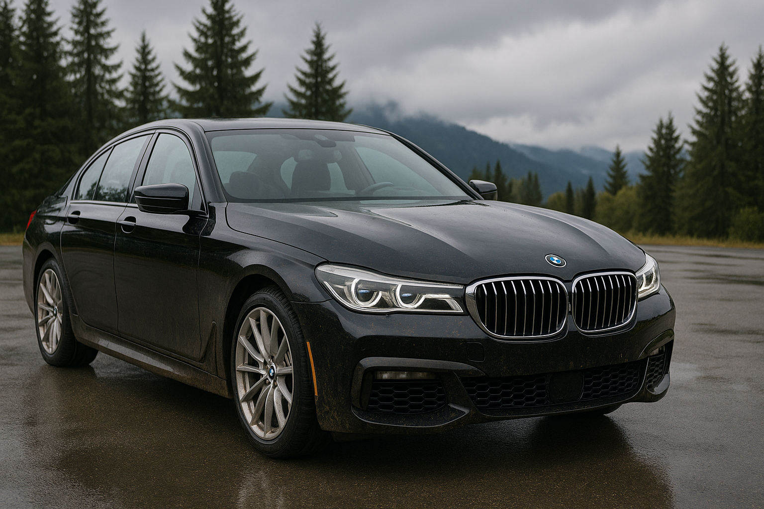 Black BMW sedan parked on a wet road with a background of evergreen trees and mountains under cloudy sky.