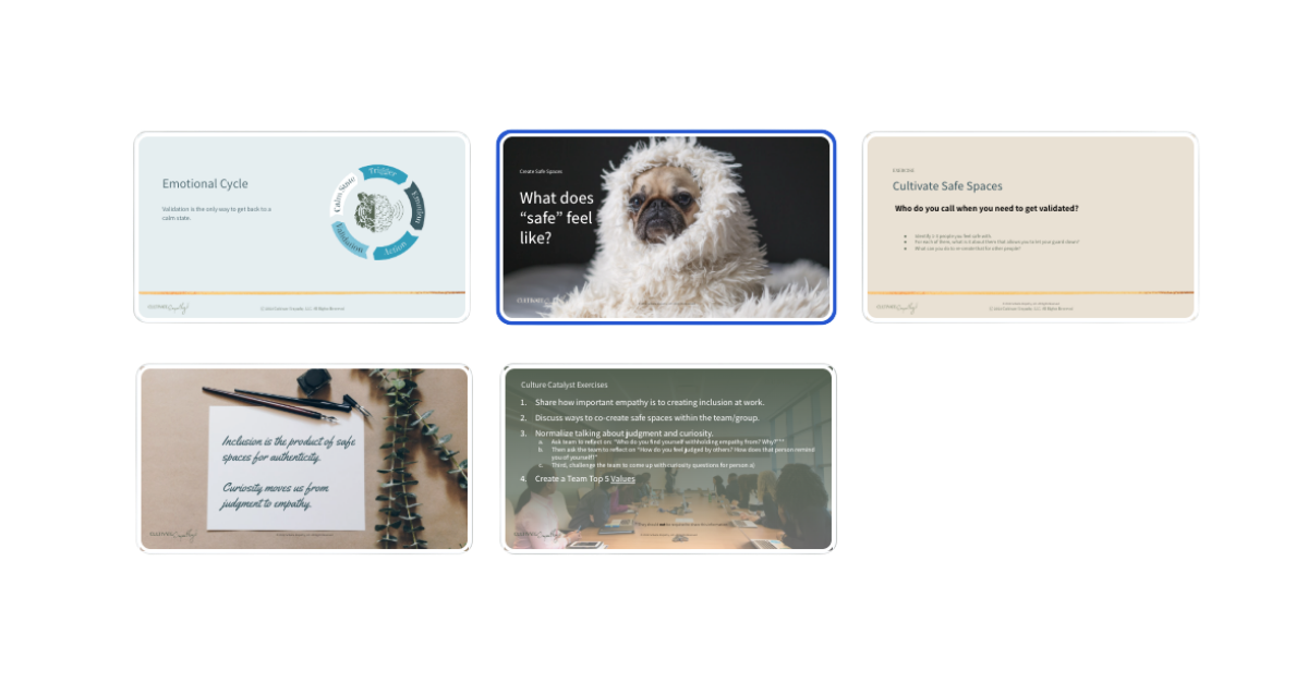 A presentation slide deck featuring five slides. The second slide asks, 'What does 'safe' feel like?' with a picture of a dog. The other slides cover topics like emotional cycle, cultivating safe spaces, culture catalyst exercises, and safe space guidelines.