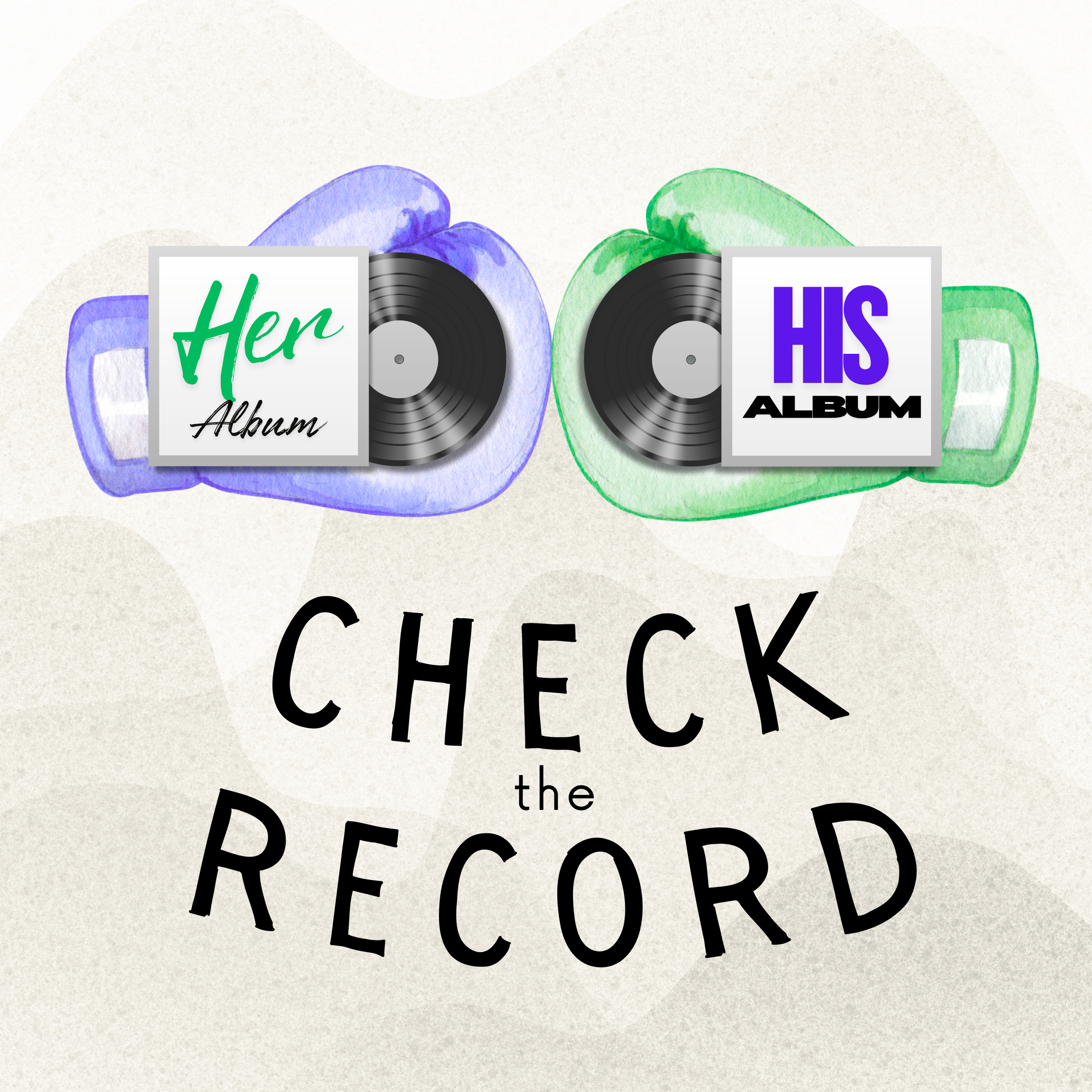 Decorative graphic with two vinyl records and labels reading 'Her Album' and 'His Album'.