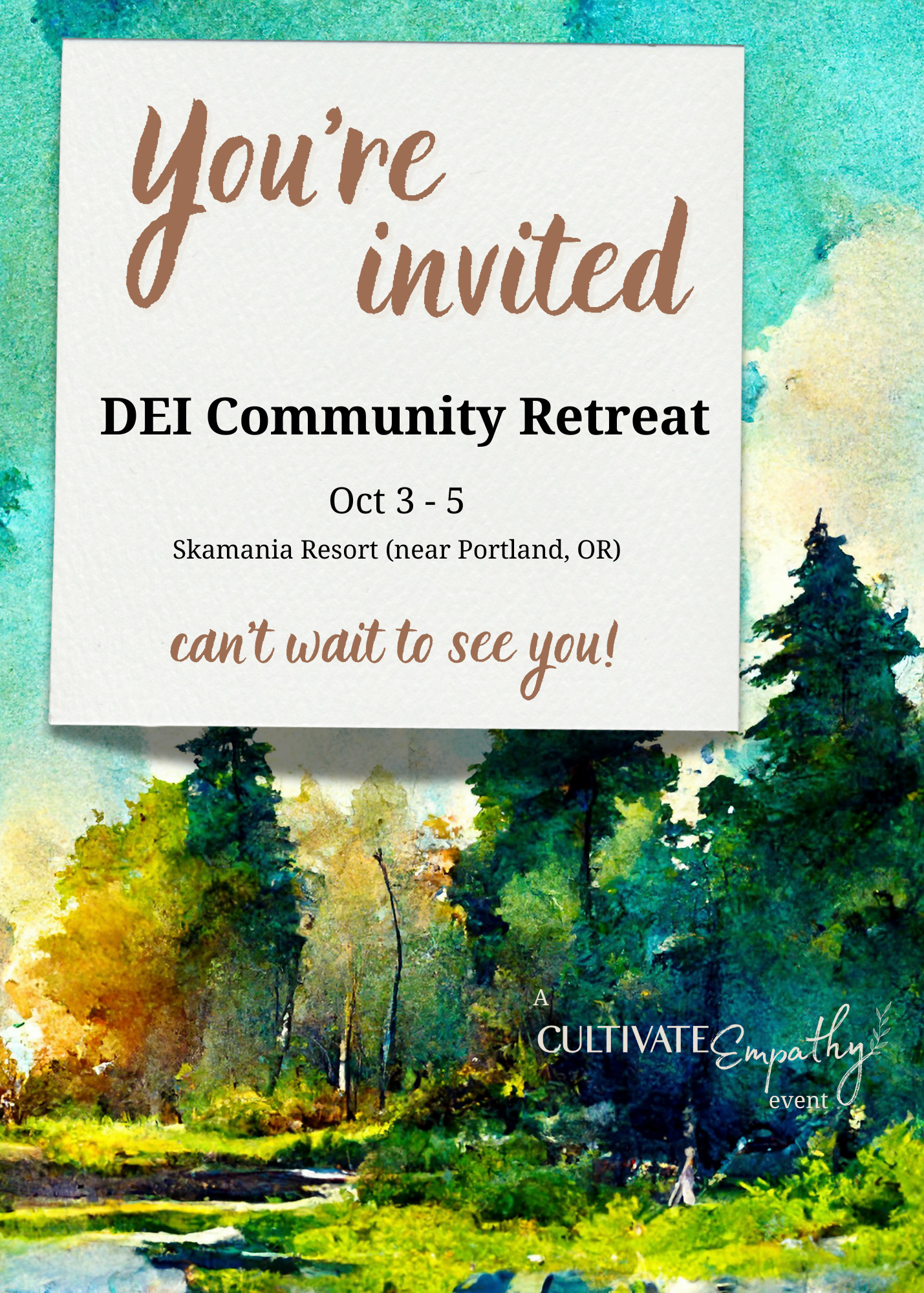 Invitation card for DEI Community Retreat with watercolor forest background, featuring green trees, a stream, and a sky.