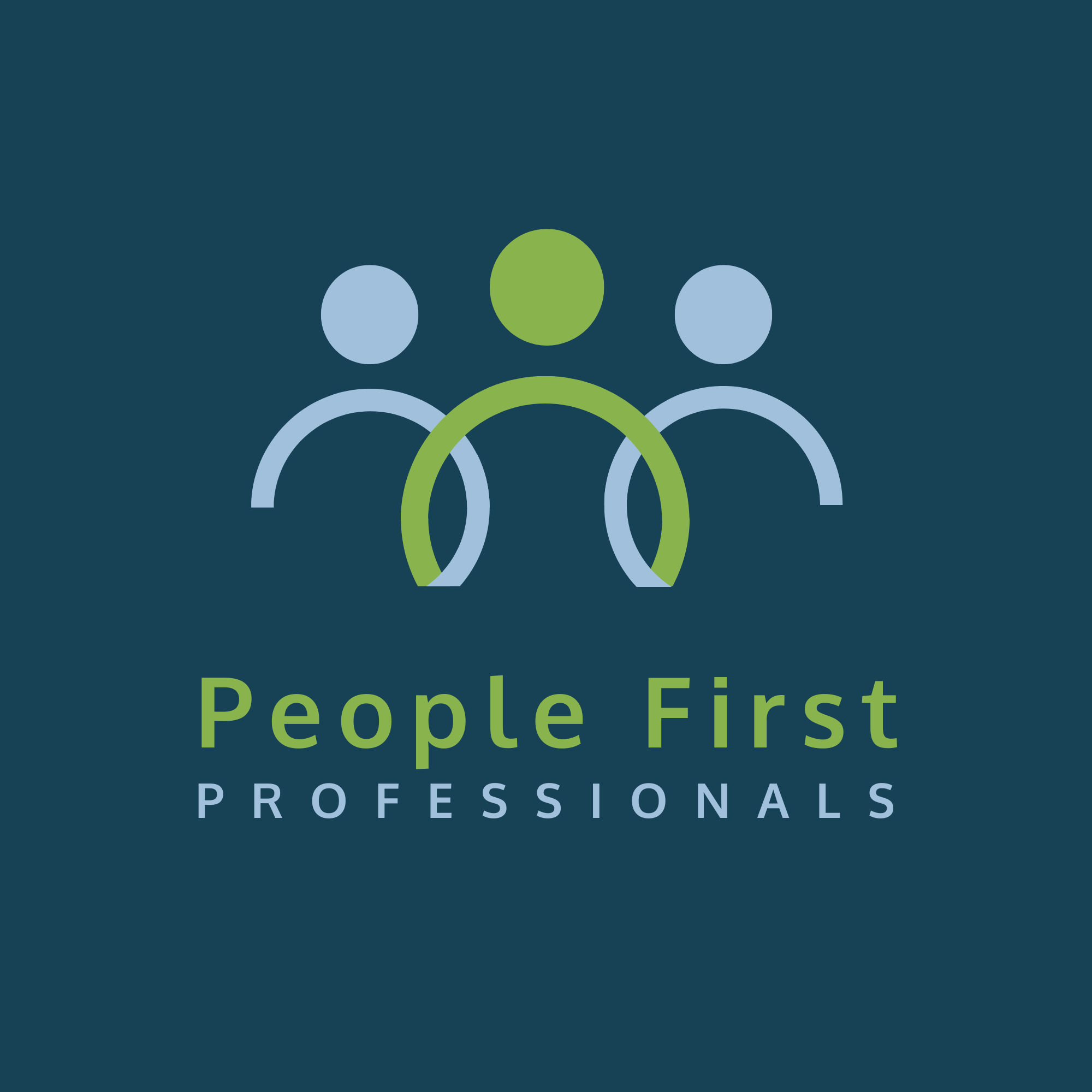 Logo for People's First Professionals, featuring a simplified icon of three people with one green in the middle and the text 'People First Professionals' below.