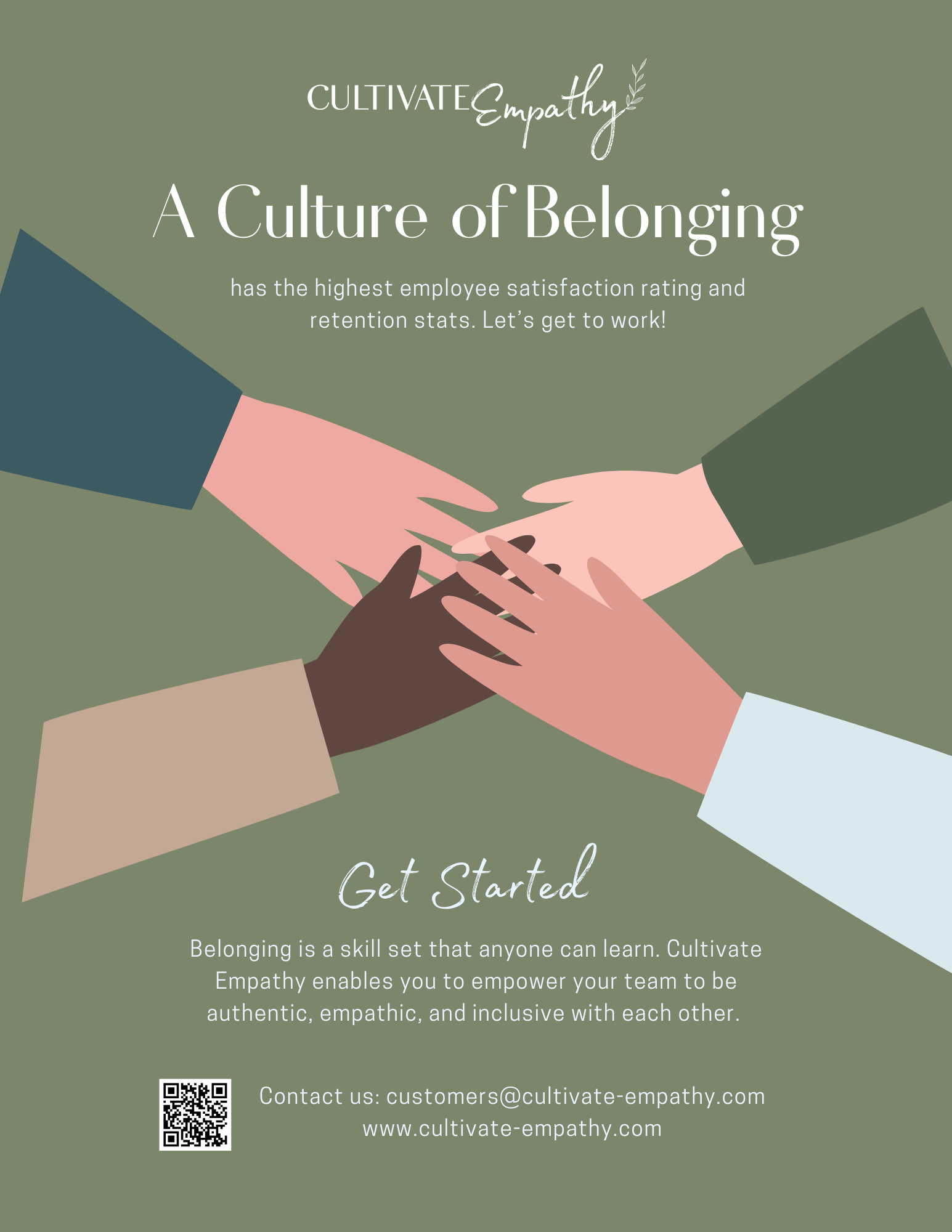 Brochure promoting cultivate empathy and belonging in the workplace, featuring illustrated hands of different skin tones holding each other, with the headline "A Culture of Belonging."