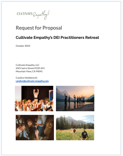 Cover page for 'Cultivate Empathy's DEI Practitioners Retreat' proposal, including images of people engaging in outdoor activities, a group watching a performance, and a nature scene.