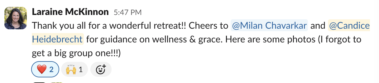Screenshot of a social media post thanking participants for a retreat, mentioning Candice Heidebrecht, for guidance, with celebratory reaction icons.
