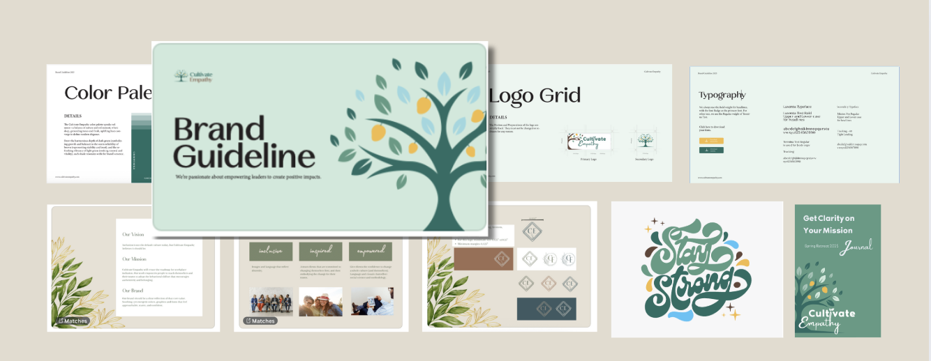 A collage of multiple brand guideline and logo design documents with trees and leaf motifs, including phrases like 'Brand Guideline,' 'Stand Strong,' and 'Get Clarity on Your Mission.'