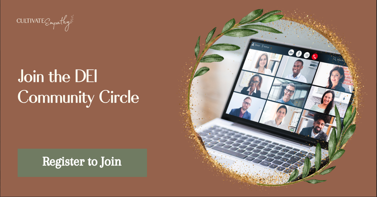 A promotional graphic for the DEI Community Circle featuring a laptop showing a virtual meeting with diverse participants, surrounded by green leaves on a brown background with gold accents, and text inviting viewers to register to join.