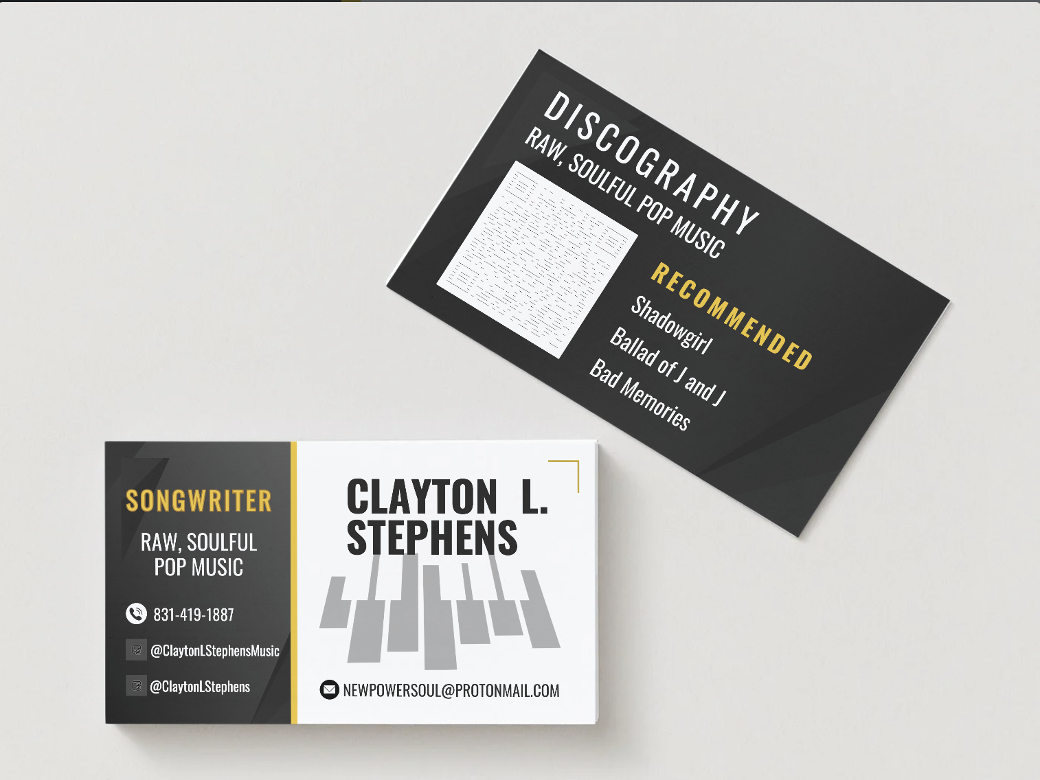 Business card and flyer for Clayton L. Stephens, a songwriter specializing in raw, soulful pop music. The card includes contact information, social media handles, and a graphic of piano keys.
