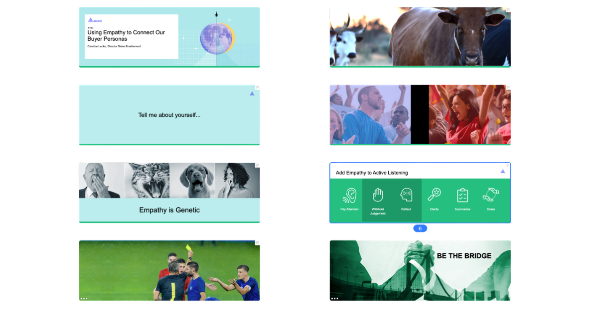 A collage of images related to empathy, including a PowerPoint presentation titled 'Using Empathy to Connect Our Buyer Personas,' a group of excited people at a concert, a person with a dog, a team of soccer players, and a bridge with the text 'BE THE BRIDGE'.
