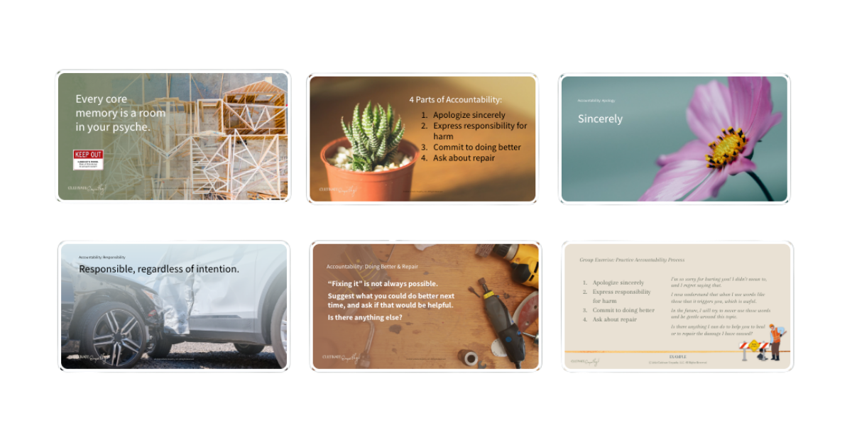 Six slides in a presentation about accountability, responsibility, and repair, featuring images of abstract art, a potted cactus, a pink flower, a damaged car, tools on a workbench, and a person working on repairs.