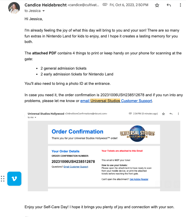 Screenshot of an email confirming Universal Studios Hollywood tickets, with a logo and order details shown.