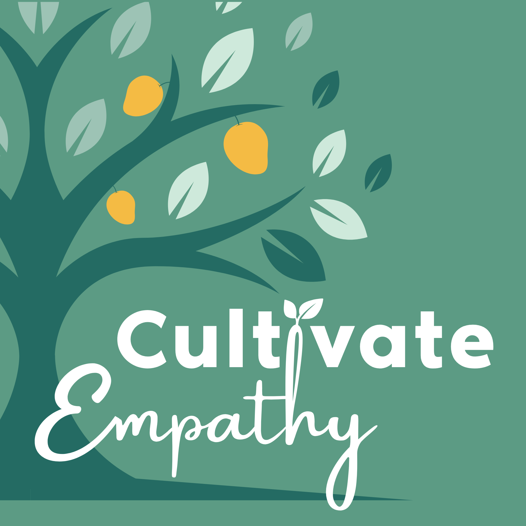 Abstract illustration of a lemon tree with yellow lemons and green leaves on a teal background, with white text that reads 'Cultivate something'.