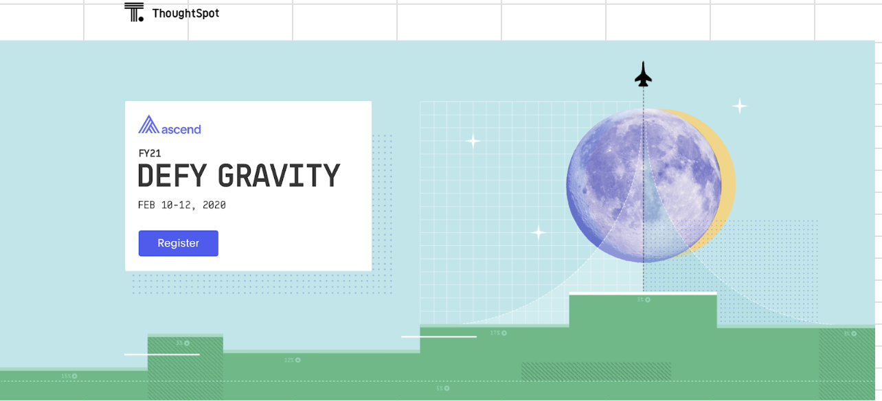A digital graphic promotion for a conference called 'Defy Gravity' by Ascend, scheduled for February 10-12, 2020. The graphic features a moon, a spaceship, and a setting resembling a celestial or space theme with a grid background, stars, and various