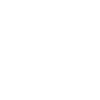 Neon outline of a badge or seal with a speech bubble containing five stars inside, indicating a rating or review symbol.