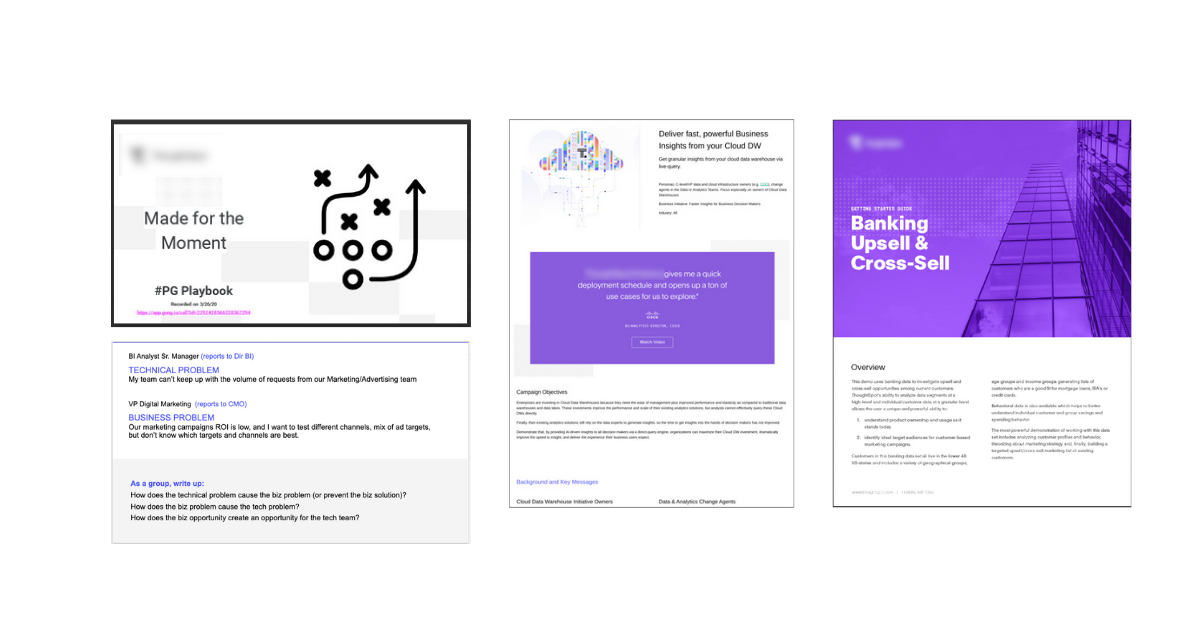 Three pages from different business and marketing presentations, including diagrams, text about technology solutions, and financial strategies.