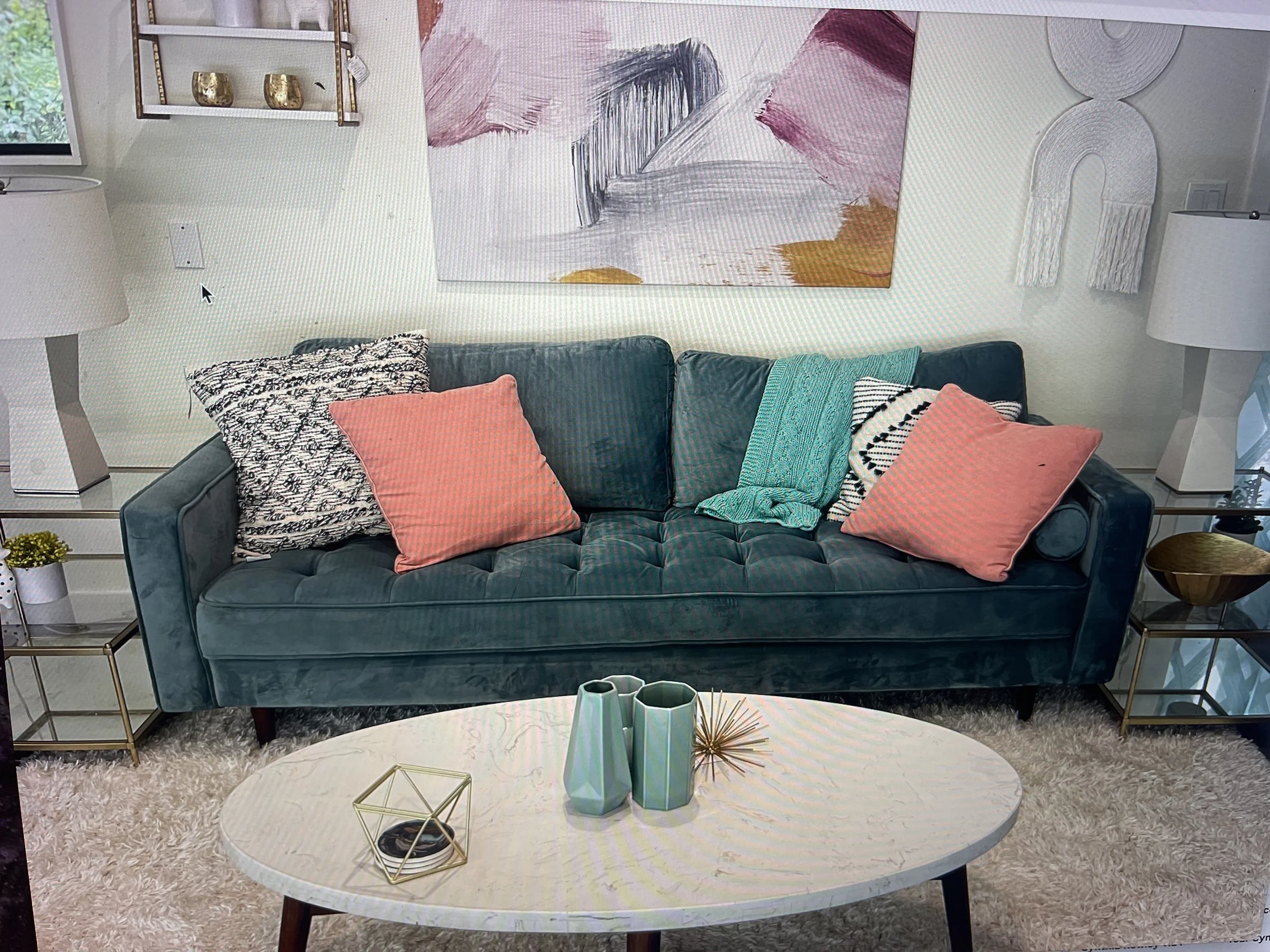 Turquoise velvet sofa - rental only