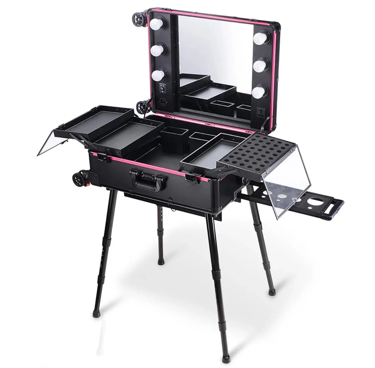 Travel makeup case with multiple compartments, mirror, lights, and extendable legs