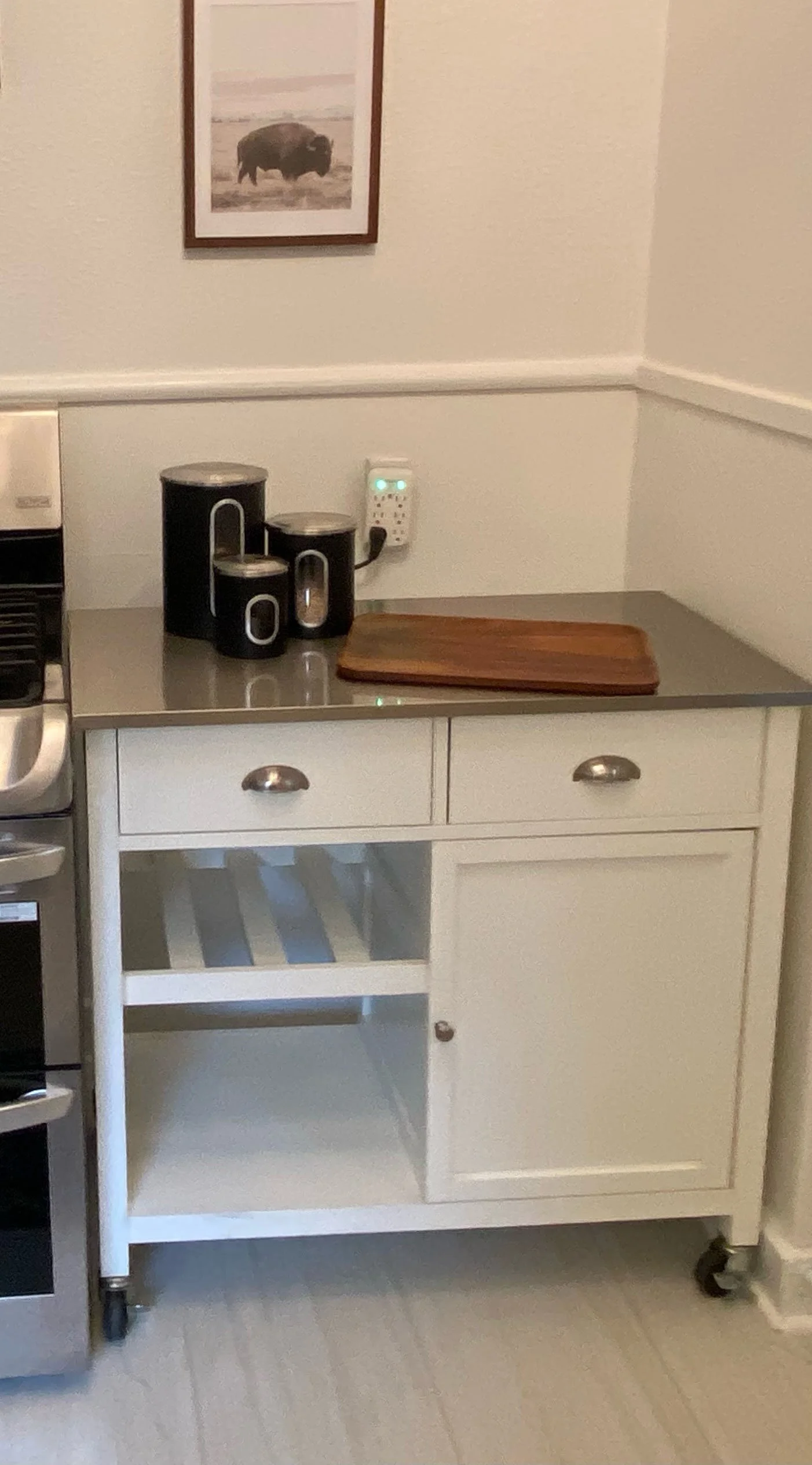 Silver and white rolling kitchen island - rental only