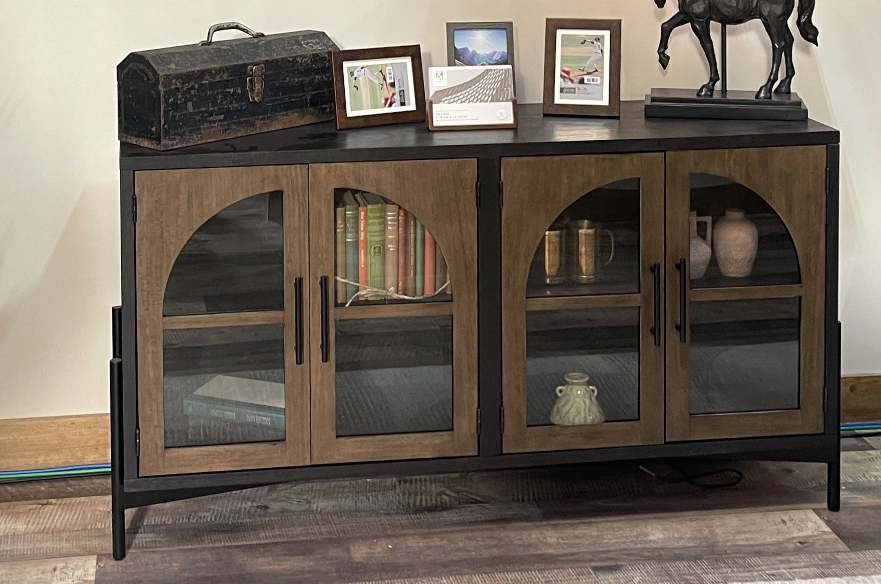 Wood and Black, glass door sideboard - rental only