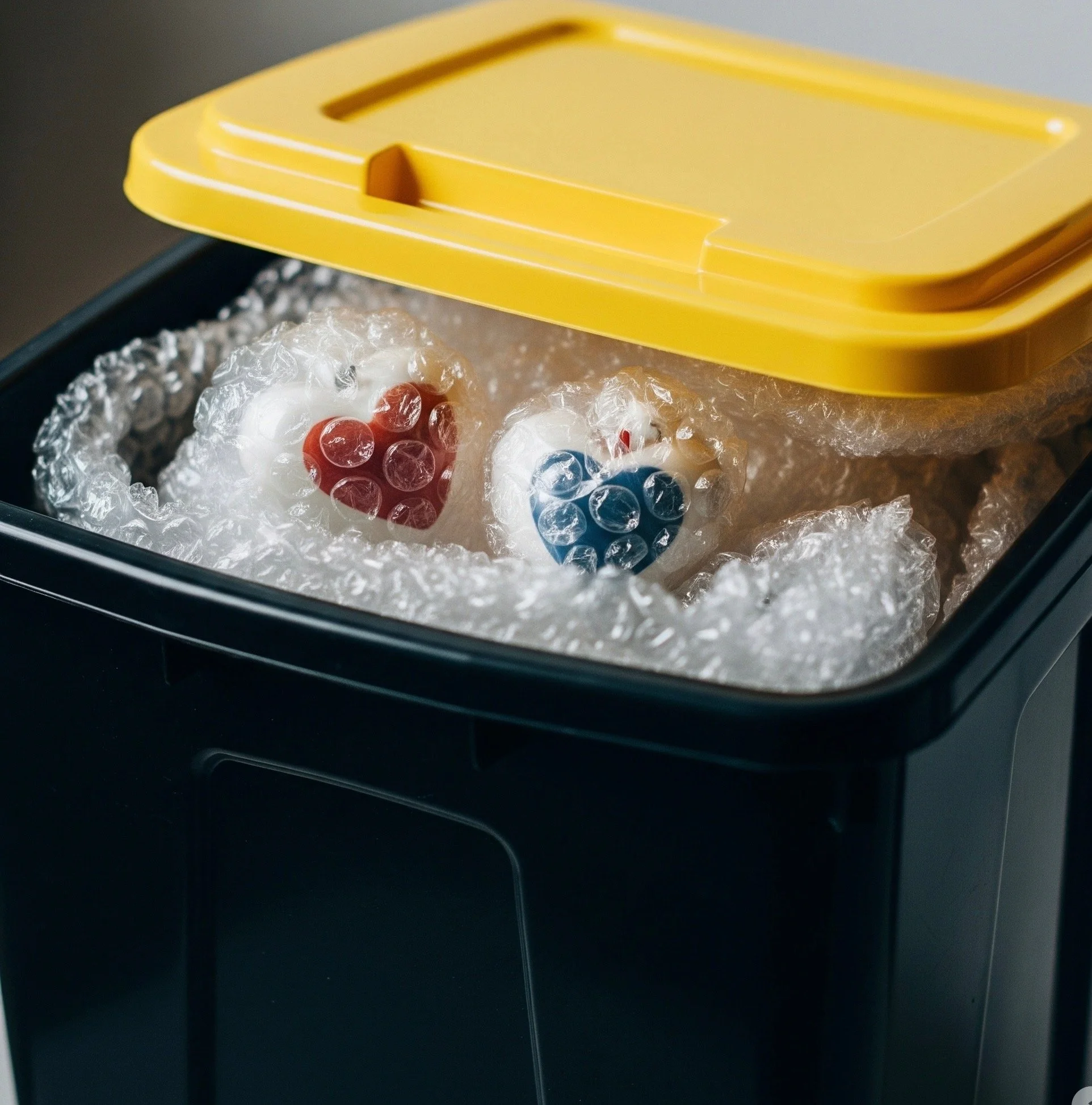 A black and yellow ice maker containing ice cubes with pictures of hearts and small red and blue candies inside.