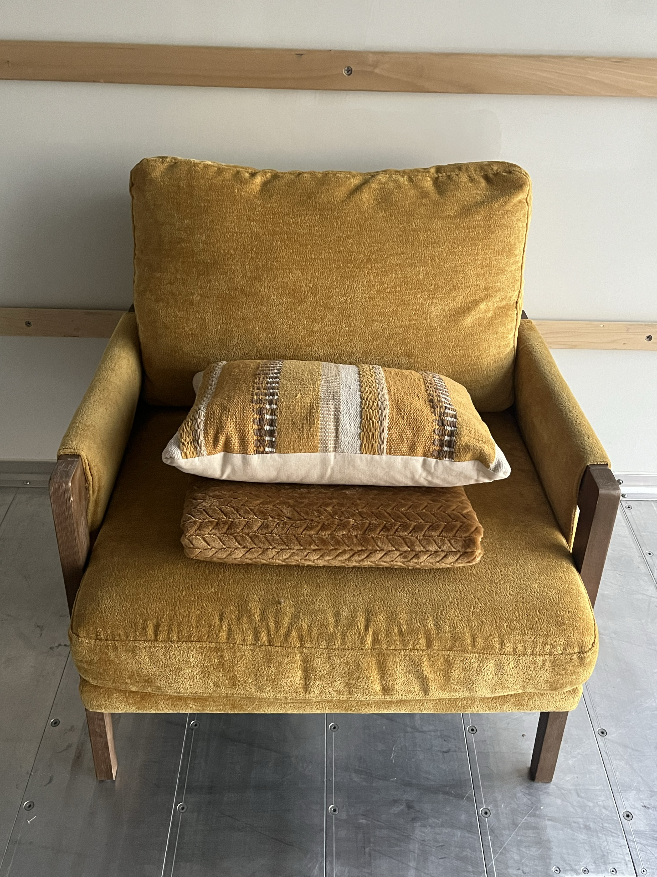 Yellow mid century velvet and wooden chair