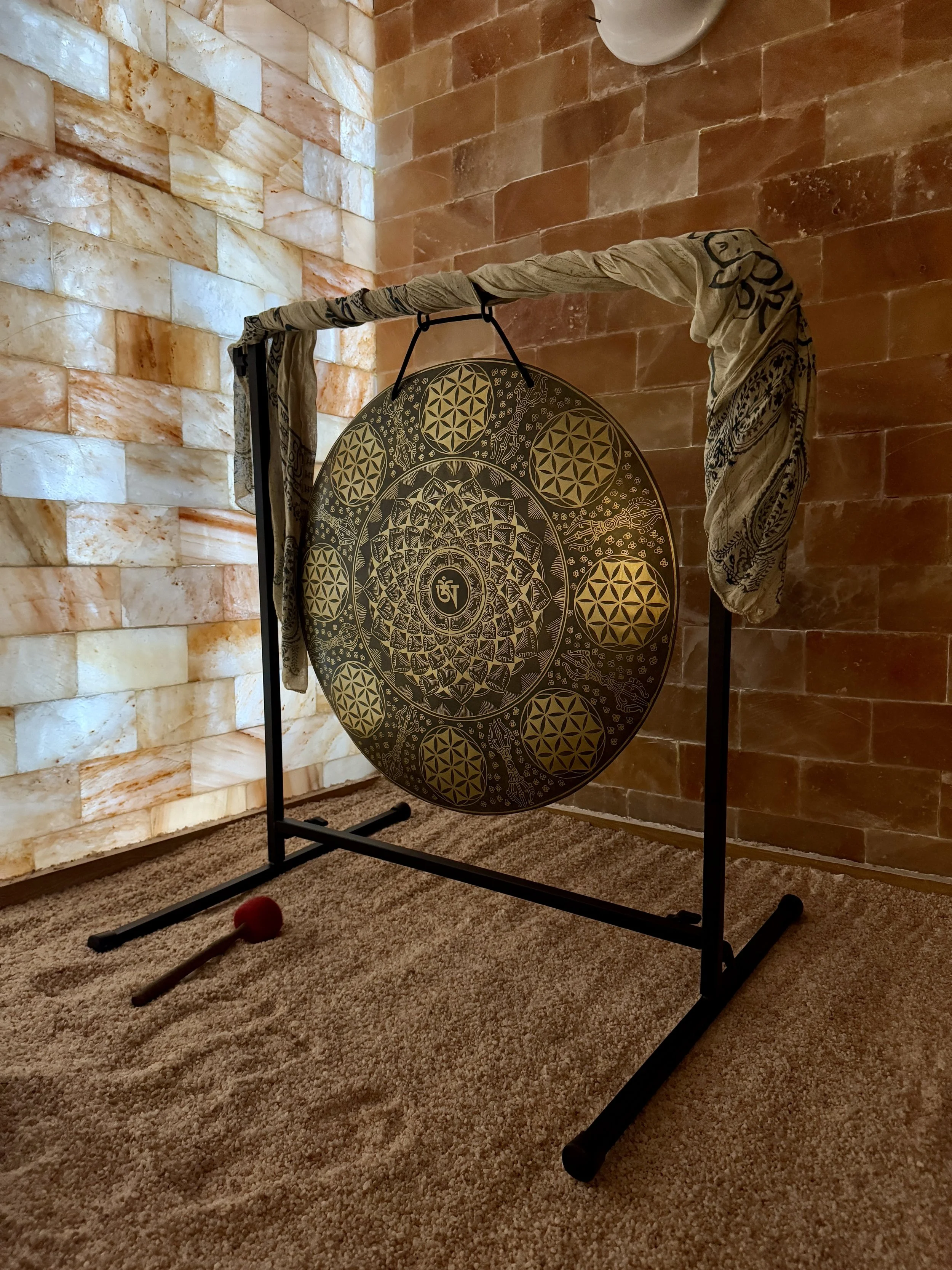 Ceremonial gong in Himalayan Salt Room, Sound Bath Healing, Sound Bowl, Wellness Classes