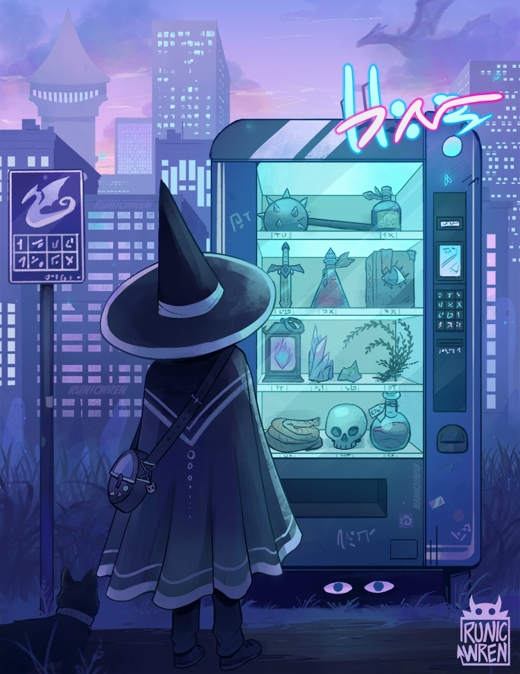 A blue and purple illustration of a witch standing in front of a vending machine filled with adventuring gear