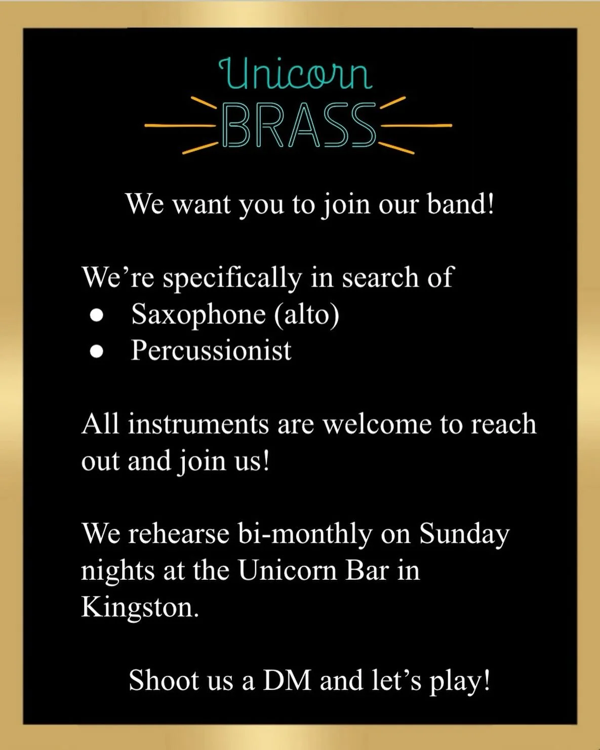 Do you play an instrument? Come join us! We&rsquo;re in search of new players to round out our group. We&rsquo;d love to have you. Shoot us a DM if you&rsquo;re interested!