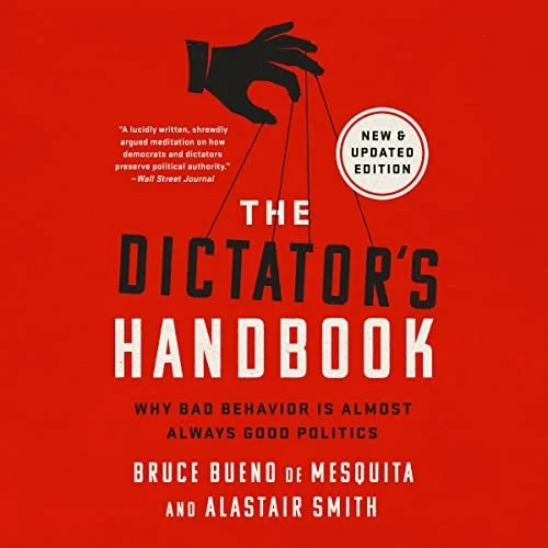 The cover of the book titled "The Dictator's Handbook" features a black hand manipulating a white ball labeled "New & Updated Edition." The background is red, with the subtitle "Why Bad Behavior Is Almost Always Good Politics" and authors Bruce Bueno de Mesquita and Alastair Smith mentioned at the bottom.