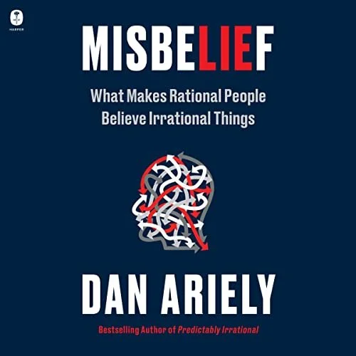 The book cover titled 'MISBELEIF: What Makes Rational People Believe Irrational Things' by Dan Ariely, with a dark blue background and a head illustration filled with red and white arrows.