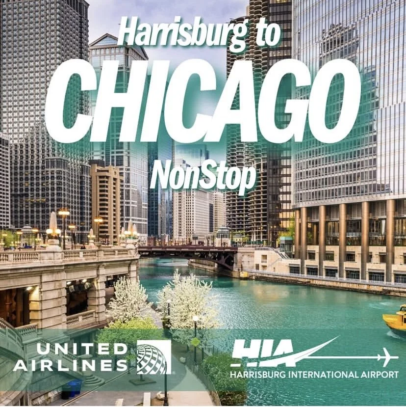 Urban scene of downtown Chicago with skyscrapers along a river, with the text "Harrisburg to Chicago NonStop" and logos of United Airlines and Harrisburg International Airport.