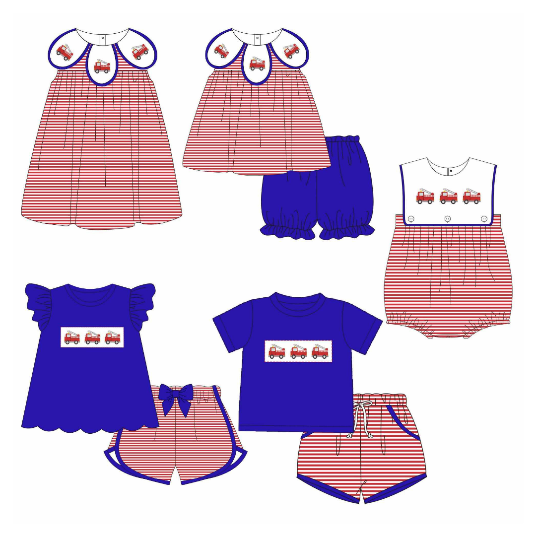 Fire Truck Embroidery Sibling Set – Preorder 035