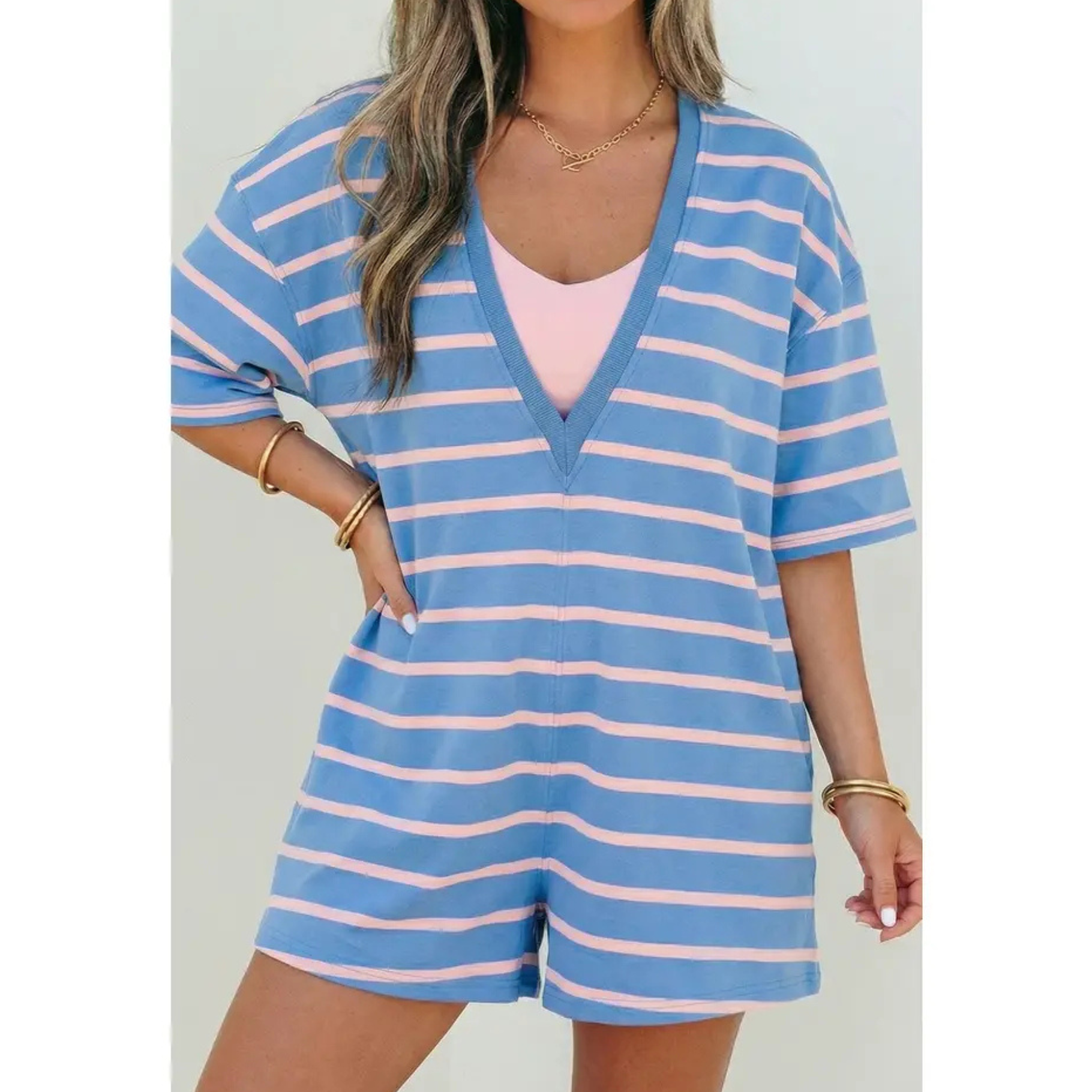 Coastal Stripe V-Neck Relaxed Romper  - Mama Edit