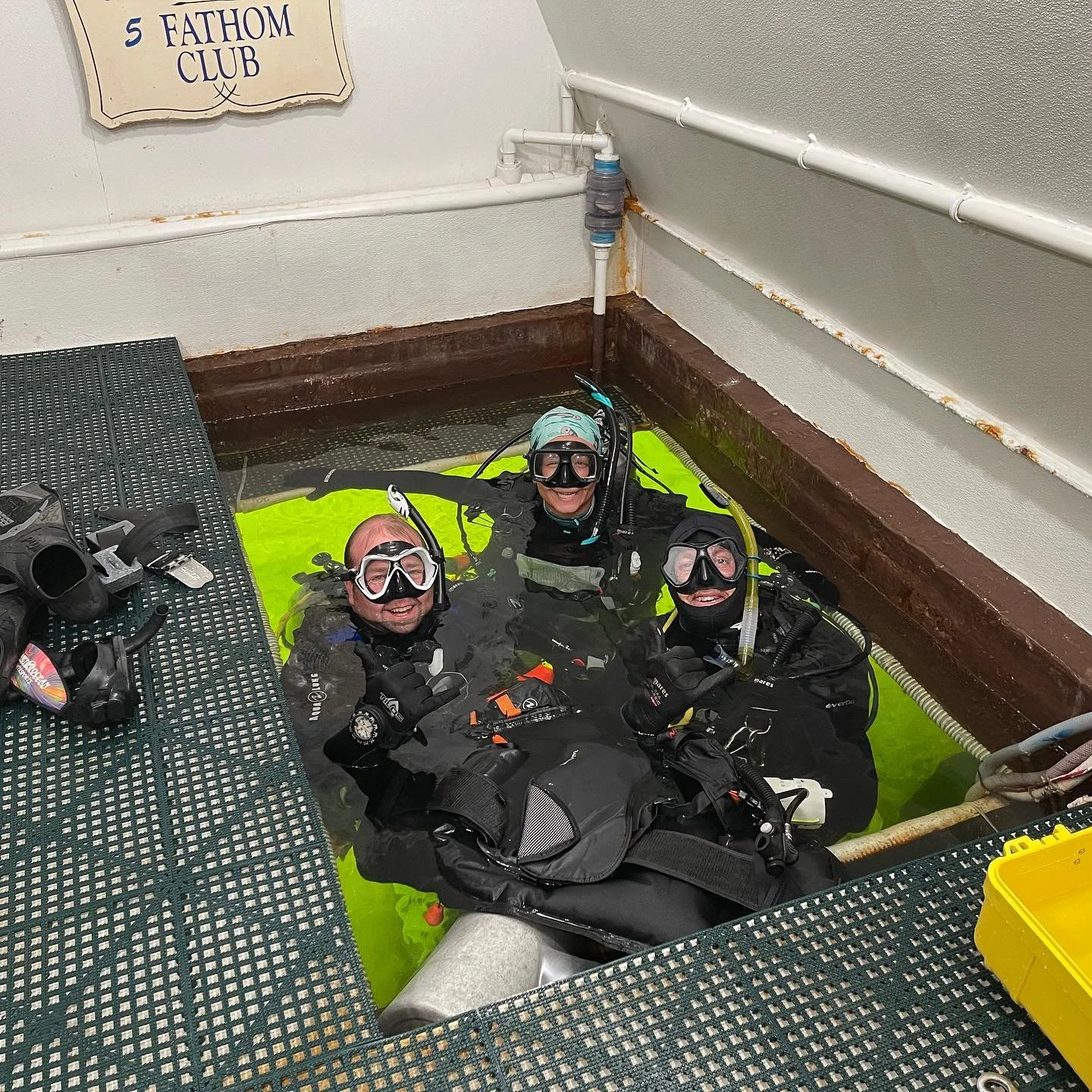 Entry through the 'moon pool' in the wet room located between the staterooms and the galley