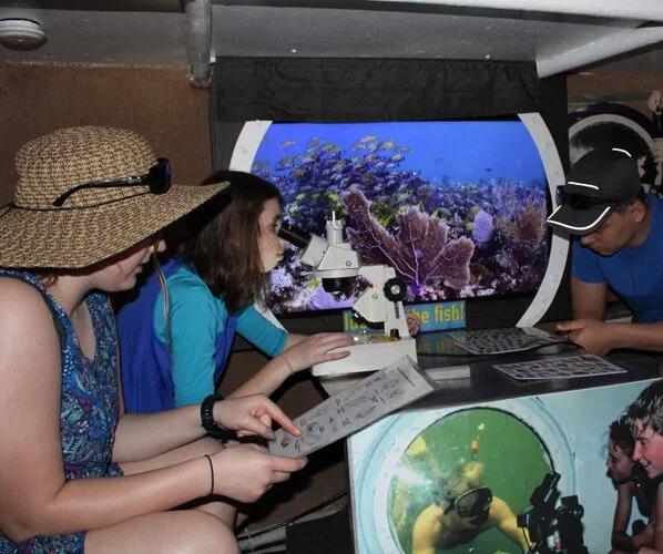 Three children at an indoor aquarium, looking through microscopes at underwater exhibits displayed on screens.
